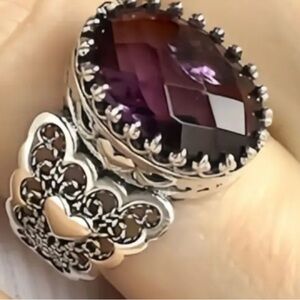 925 Sterling Silver Filigree Art Heart Cocktail Ring.